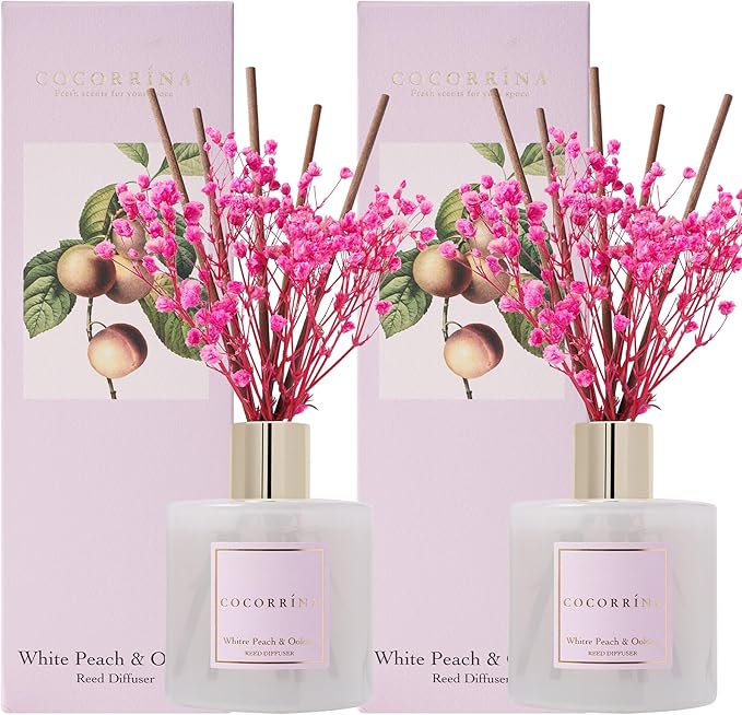 Cocorrína Reed Diffuser Set - White Peach& Oolong Reed Diffuser 2 Packs 6.7oz Scent Fragrance Oil Diffuser for Bedroom Bathroom