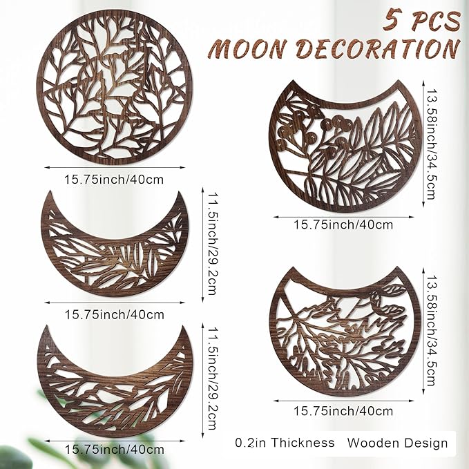 Jetec 5 Pcs Moon Phase Wall Art Decor Wall Pediments Hanging Wooden Moon Phase Spiritual Bedroom Nordic Boho Lunar Aesthetic Art for Living Room Dorm Apartment Bar Ornament(Dark Brown,15.75 Inch)