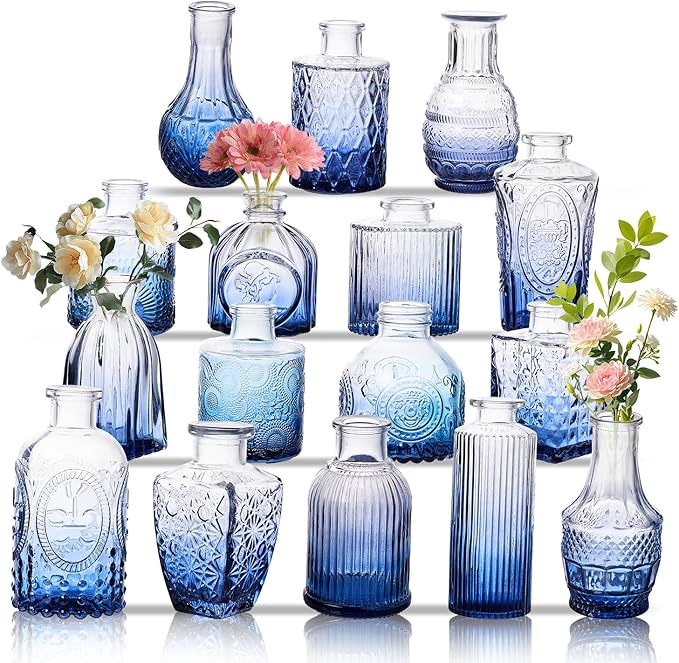 Glass Bud Vase Set of 16, Small Flower Vases, Glass Vases for Centerpieces, Vintage Home Table Decorations Bud Vases (16 Pcs, Blue)