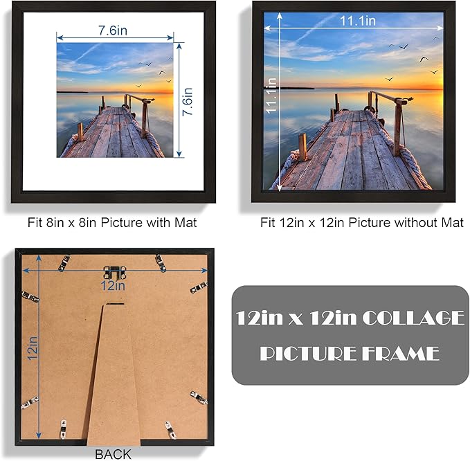 12x12 Black Picture Frame set of 3, Made of Glass and Wooden Square Photo frame - Displays Picture 8x8 With Mat or 12 x 12 Without Mat, Desktop & Wall Collage Photo Frame