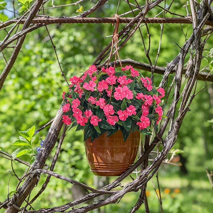 Artificial Impatiens Bouquet Flowers for Outdoors Silk Faux Flowers for Outdoor Impatiens Plants Decor Indoor Planters Kitchen Planters and Balcony Decorations 4PCS (Rose Red)