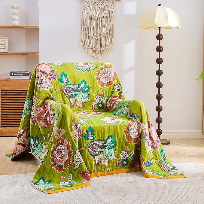 Fall Throw Blanket, 100% Cotton Soft Rustic Boho Throw Blanket for Bed, 80"x90" Farmhouse Decor Bed Flower Blankets, Light Weight Reversible Bohemian Throw Quilt