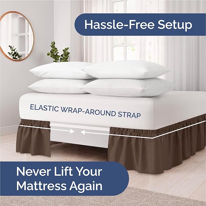 Wrap Around Dust Ruffle Bed Skirt - Brown - Twin/Twin XL Size Beds with 21 Inch Drop - Easy Fit Elastic Strap - Adjustable Pleated Bedskirt w/Brushed Fabric - Wrinkle Free - Women, Men, Kids & Teens