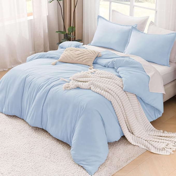 Litanika Comforters Light Blue King Size, 3 Pieces Lightweight Solid Bedding Comforter Set, All Season Fluffy Bed Set (104x90In Comforter & 2 Pillowcases)