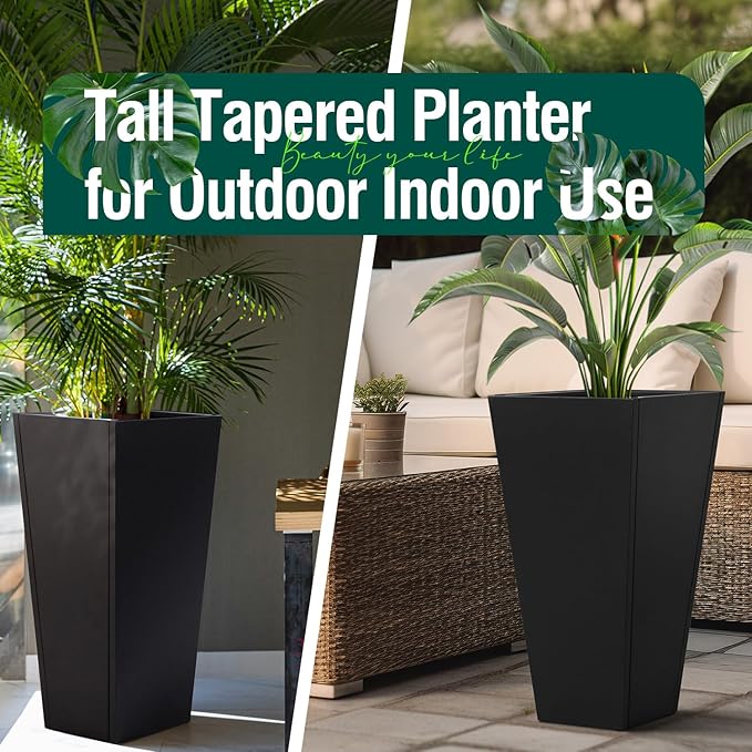 Tall Black Planter Tapered Metal Modern Flower Plant Pot Black Square Galvanized Steel Planter 30In Indoor Outdoor for Front Porch Garden Patio Grande Plant Tree Commercial Residential Heavy Duty