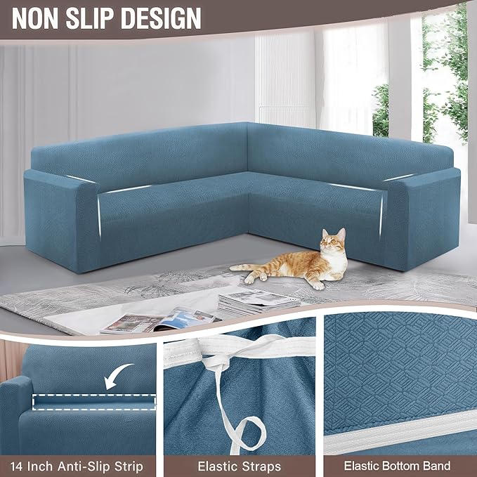 HDCAXKJ Sectional Couch Cover L Shape Stretch Sofa Covers Washable Jacquard Corner Couch Slipcover Non Slip Sectional Slip Cover U Shaped Furniture Protector for Pets Dogs (Light Blue, Medium)