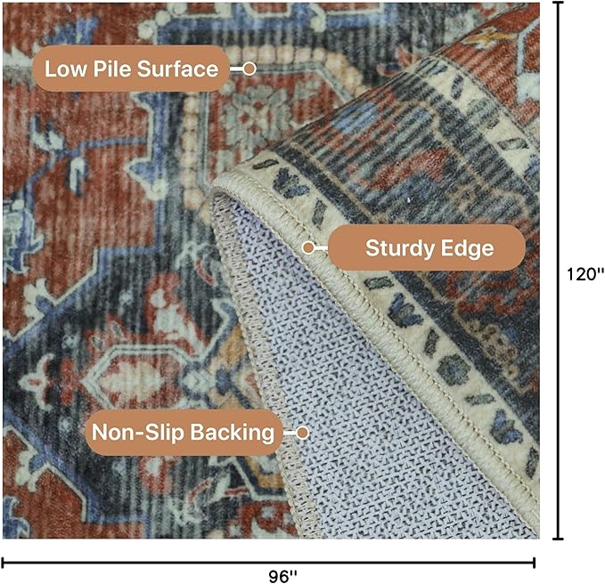 GENIMO 8x10 Area Rugs for Living Room, Machine Washable Non Slip Vintage Rugs, Low Pile Lightweight Chenille Print Rug for Bedroom, Dining Room, Home Office,Bordeaux