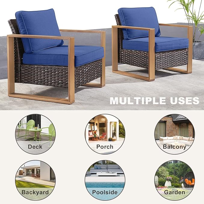 Wicker Outdoor Patio Chairs Set of 2, Rattan Patio Furniture Chairs with Sturdy Frame,All-Weather PE Wicker,Wide Armrest,Deep Seating and Thick Cushions for Deck Porch Garden(Brown/Blue)