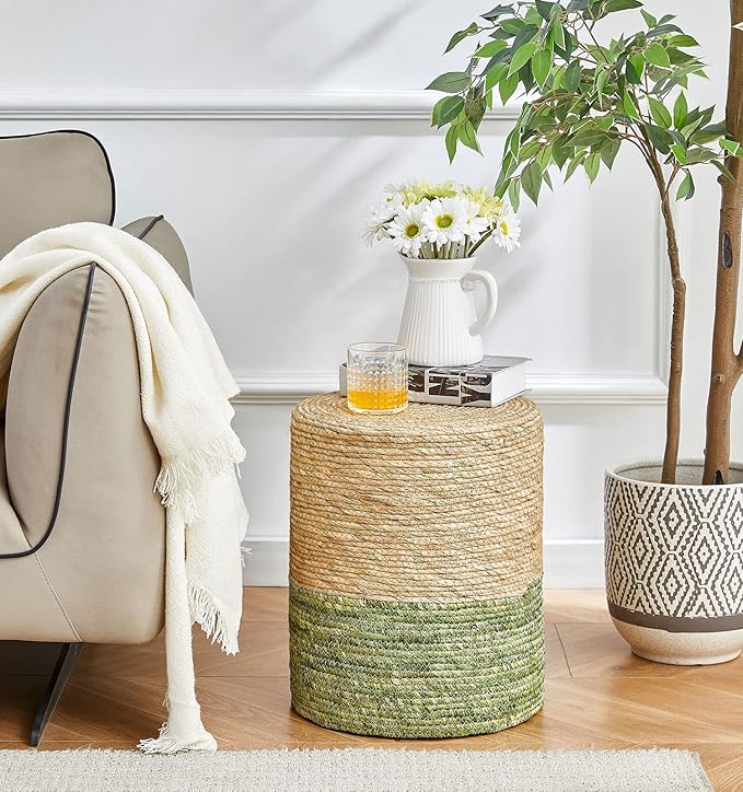 Wimarsbon Ottoman Poof, Natural Seagrass Poufs, Hand Weave Round Footstool, Pouffe Accent Chair, Sitting Braided Footrest W/Jute Cover, Outdoor Ottomans for Living Room, Bedroom