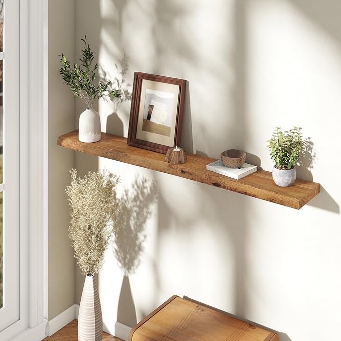55" Floating Shelves, Live Edge Elm Wood Floating Shelf for Wall, Wall-Mounted Display Shelves with Invisible Heavy-Duty Bracket, Long Floating Shelf for Bathroom, Kitchen, Living Room, Natural Color