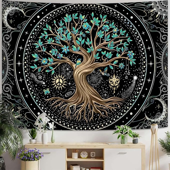 Lunerfex Tree of Life Tapastry Butterfly Moon Tapastry Flower Green Tree Tapestries Mandala Wall Hanging for Bedroom and Living Room Decor 44×60 Inches