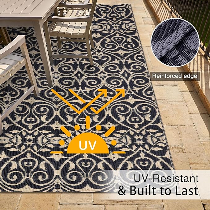 OLANLY Outdoor Rug Waterproof 5x8 ft Clearance, Reversible Outdoor Plastic Straw Rug with Floral Pattern, RV Mat for Patio, Camping, Balcony, Deck, Backyard, Black & Beige
