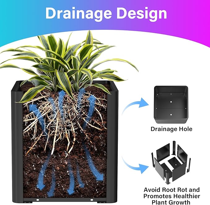 Metal Square Planter Box, Galvanized Steel Planters for Outdoor Plants, 24"x 24"x 25" Black Large Outdoor Planters with Drainage Hole for Porch/Patio/Garden
