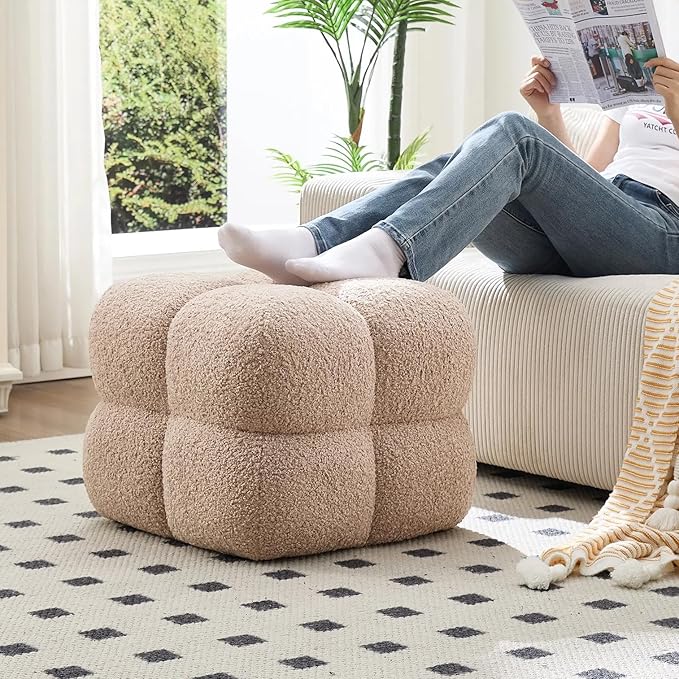 Zesthouse Square Pouf Ottoman, Modern Ottoman Coffee Table for Living Room, Fuzzy Sherpa Stool Foot Rest, Upholstered Tufted Stool for Couch, Tan