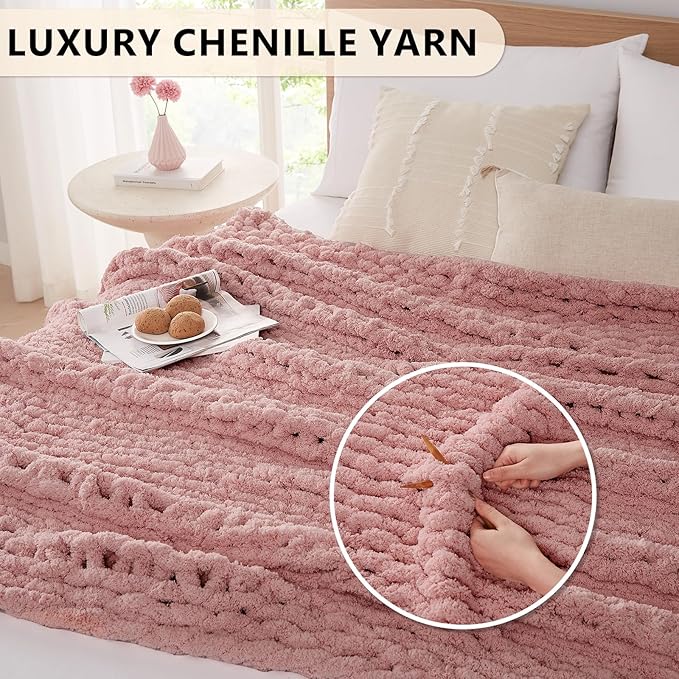 L'AGRATY Chunky Knit Blanket Throw - Soft Chunky Throw Blanket 50x60: 100% Hand Kintted Chenile Crochet Throw Blanket for Couch - Large Cable Knit Chunky Blanket for Home Decor(Rose Pink)