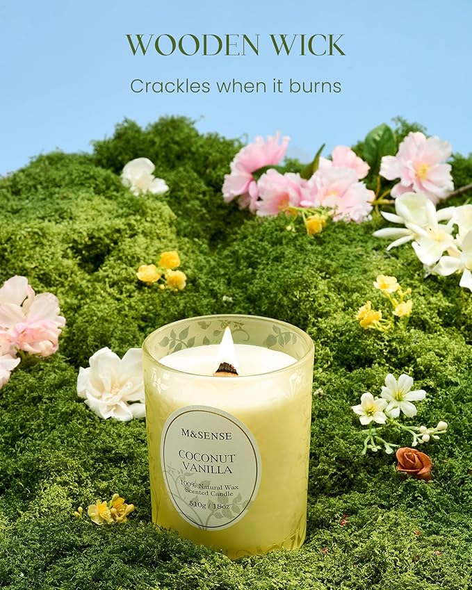 M&SENSE Coconut Vanilla Scented Candle, Cracking Wooden Wick Soy Wax, 18oz 100 Hours Long Lasting Clean Burn, Large Jar Candles for Home Decor, Non-Toxic Relaxing Aromatherapy Gifts for Women