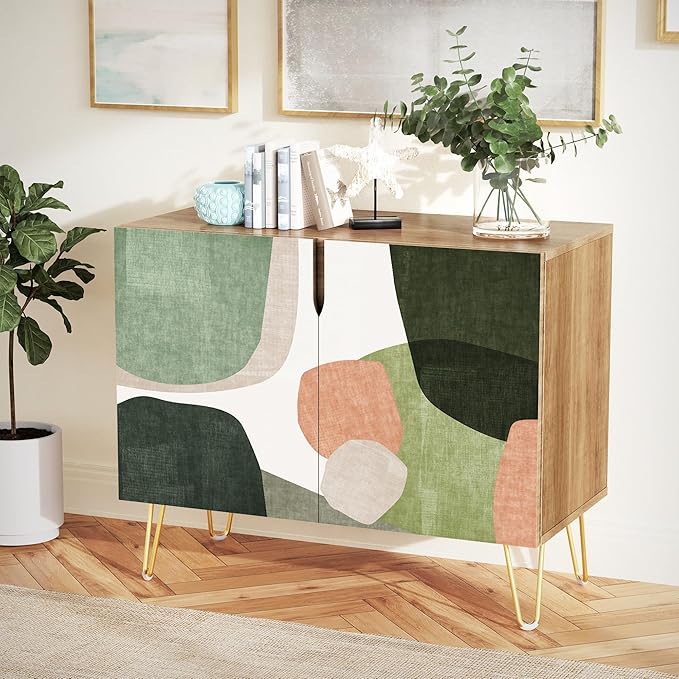 SIGNWIN Sideboard Buffet Cabinet, Kitchen Storage Cabinet with 2 Doors, Mid-Century Pastel Polygons Geometry Nordic Boho, Cupboard Console Table for Dining Room - 35" L x 18" W x 29" H