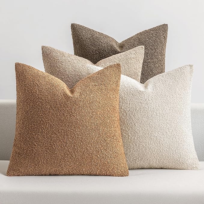 MIULEE Pack of 4 Decorative Textured Boucle Throw Pillow Covers 18x18 Inch Neutral Brown Accent Solid Pillow Cases Couch Cushion Covers for Fall Modern Farmhouse Boho Chair Sofa Bed Room Home Decor