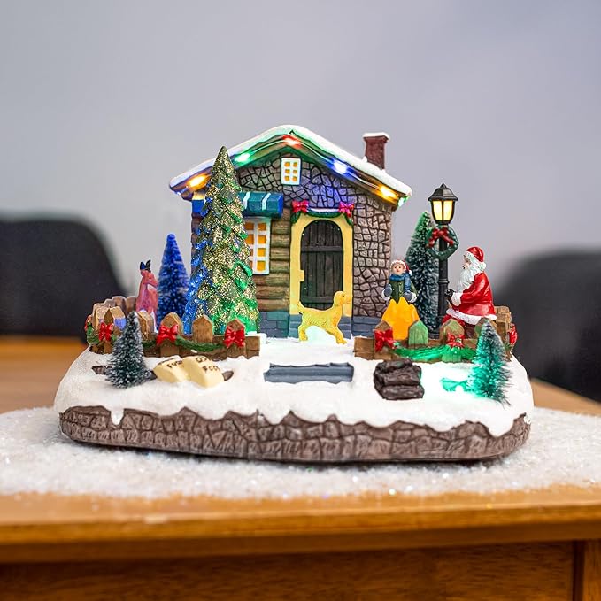Christmas Village Animated Santa's Getaway | Christmas House Collection Accessories Figurines for Decorations and Gift | Motion and Sound with Multicolor LED Lights