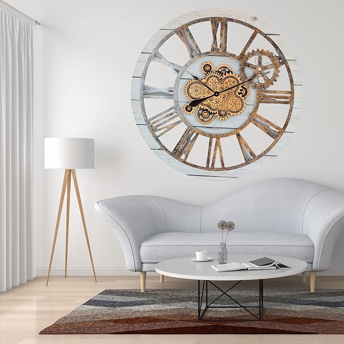 The Gears Clock 36'' Inch Real Moving Gear Wall Clock Vintage Industrial Oversized Rustic Farmhouse (White Farmhouse)