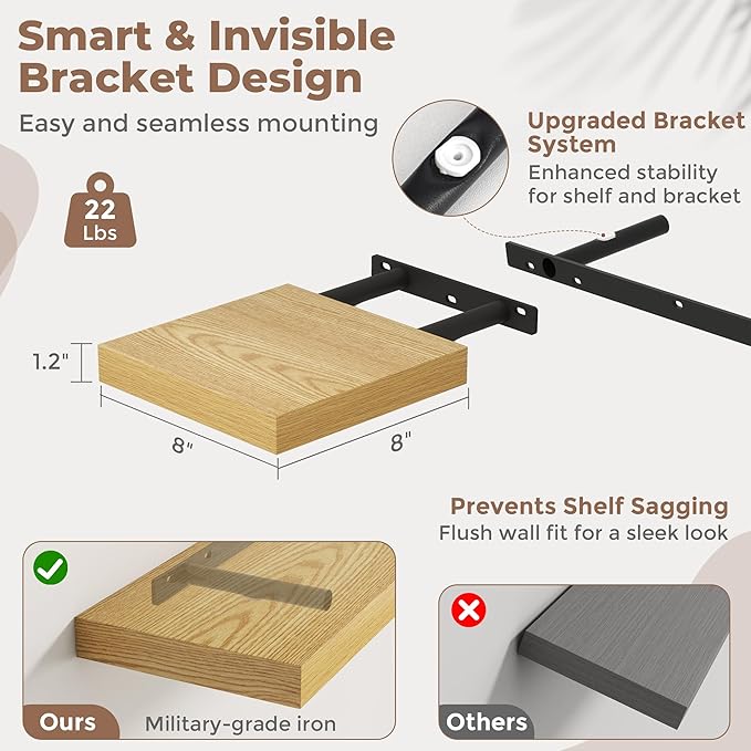 8 Inch Square Floating Shelves for Wall 3 Pack, 8"D Wood Grain Bathroom Shelves with Invisible Brackets, Easy Install Engineered Wood Storage Shelves for Kitchen, Living Room, Bedroom, Oak Finish