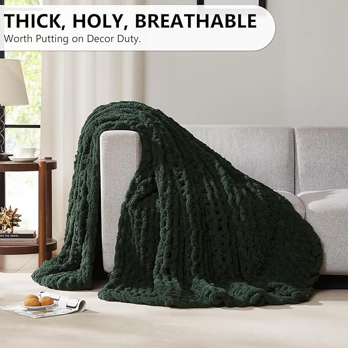 L'AGRATY Chunky Knit Blanket Throw - Soft Chunky Throw Blanket 30x40: 100% Hand Kintted Chenile Crochet Throw Blanket for Couch - Large Cable Knit Chunky Blanket for Home Decor(Olive Green)