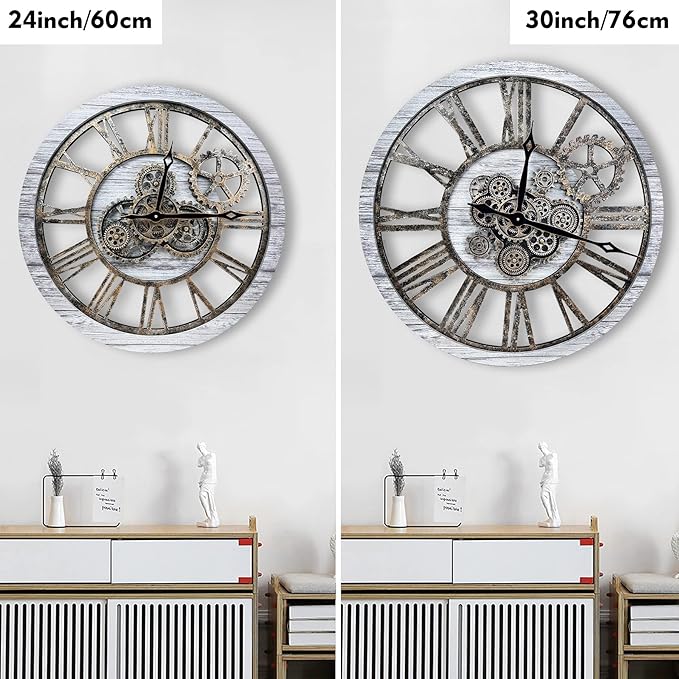 The B-Style Large Real Moving Gears Wall Clock 30 inch Rustic Retro Industrial Farmhouse Wood Clock Oversized Decorative Vintage Wall Clocks for Living Room (Silver Gray)