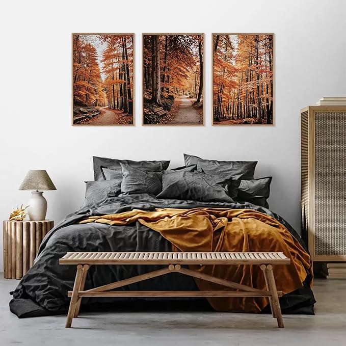 HLNIUC Autumn Forest Framed Canvas Wall Art,Fall Nature Pictures Wall Decor Set of 3(16”x24”) Large Maple Trees Trail Scenery Wall Painting,Modern Fall Landscape Art Print for Living Room,Bedroom