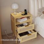 Rattan Nightstand with Charging Station,Farmhouse Bedside Table with 2 Storage Drawer and Open Wood Shelf, for Bedroom and Small Spaces,Night Stand with Solid Wood Legs (Yellow Oak-Outlet)