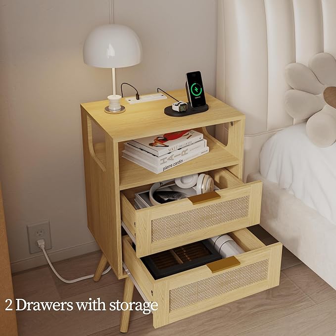 Rattan Nightstand with Charging Station,Farmhouse Bedside Table with 2 Storage Drawer and Open Wood Shelf, for Bedroom and Small Spaces,Night Stand with Solid Wood Legs (Yellow Oak-Outlet)