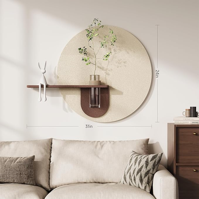 3D Textured Round Minimalist Wall Art with Vase, Neutral Wall Decor with Rabbit Sculpture, Abstract Geometric Artwork with Simulated Plants for Living Room Hallway Dining Room Bedroom Office, 31x24 In