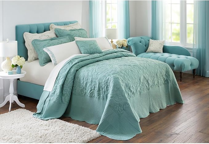 BrylaneHome Bedding Lightweight All Season Modern Amelia Quilted Damask Oversized Ultra Soft Bedspread - Twin, Seaglass