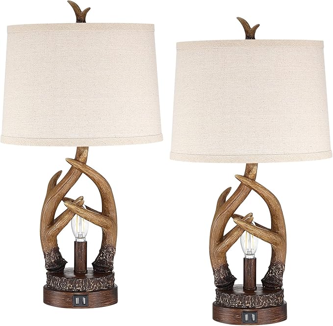 Rustic Table Lamps Farmhouse Antler Lamps Set of 2 Western Bedside Lamps for Bedroom with USB Charging Ports Nightlight,Vintage Resin Nightstand Table Lamps for Living Room (Bulbs Included)