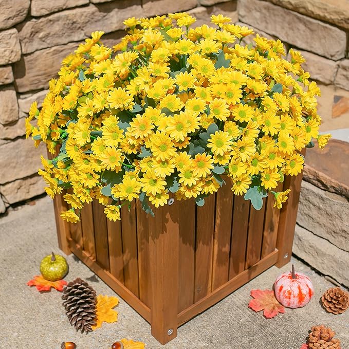 Daisy Artificial Flowers for Outdoors Fall Autumn Decoration, 6 Bundles Fake Mums Yellow Silk Flowers for Outside Look Real UV Resistant Faux Flowers Plants for Planter Front Door Home Indoor Porch