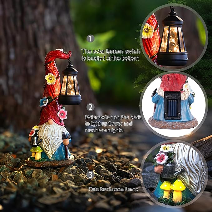 TIJNN Solar Garden Gnome Statue with Lantern, Dwarf Gardener Outdoor Decor for Patio, Yard, Porch Garden Gifts