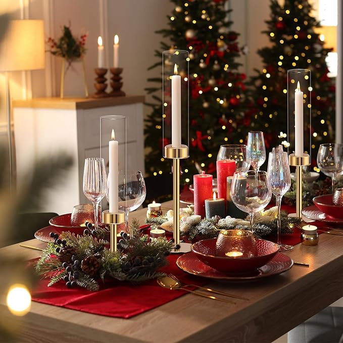 Gold Hurricane Candle Holders Set of 6, Tall Metal & Windproof Glass Taper Candle Holders, Outdoor/Indoor Table Centerpieces for Weddings, Christmas, Parties, Fireplace Decor