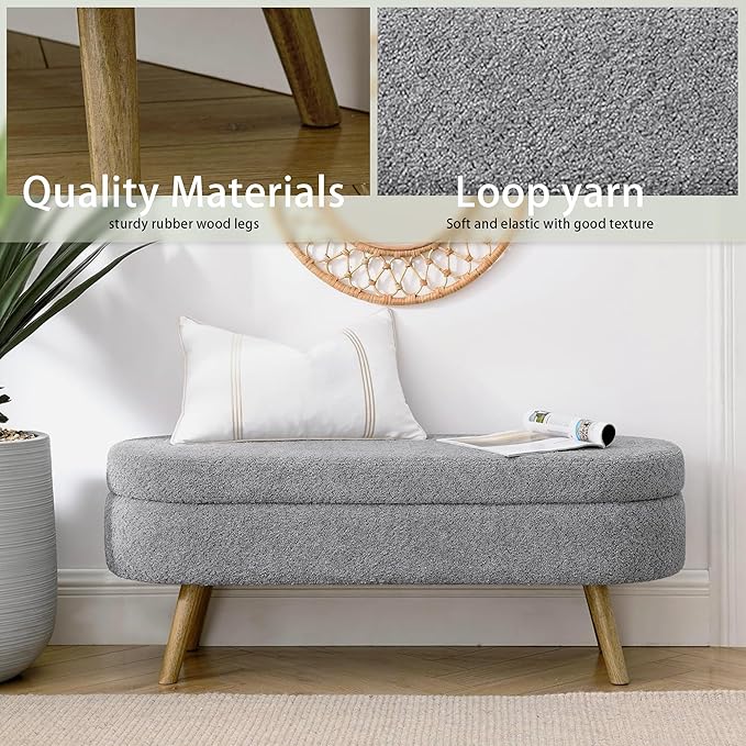 Oval Storage Bench 43.5" Linen Fabric Upholstered Entryway Bench with Solid Wood Legs Ottoman Bench Indoor Bench for Living Room/Bedroom/End of Bed/Entryway (New Grey)
