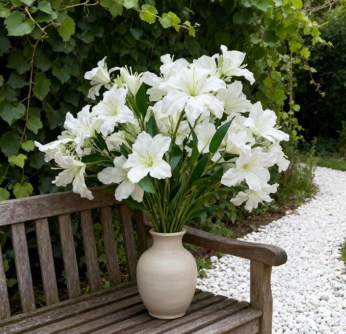 10-Bud Artificial Lily Flowers, 4 Pcs Fake Outdoor Flowers, UV Resistant Faux Flowers for Outdoor Planters, Silk Flowers for Wedding Decoration (White)