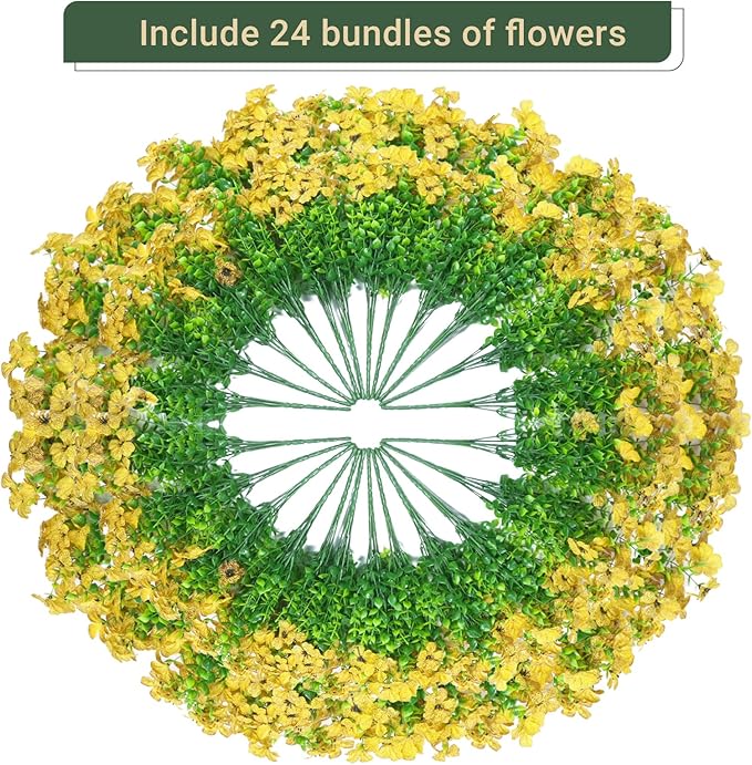 24 Bundles Artificial Flowers for Outdoors & Indoors – UV Resistant Faux Plastic Plants for Garden, Patio, Porch, Window Box, Home Decor – Lush & Vibrant Fake Flowers, Yellow