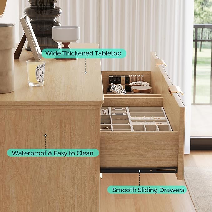 LINSY HOME Fluted Dresser for Bedroom with 8 Drawers, 47" Wide Mid Century Modern Dressers, Tall Boho Chest of Drawers, Large Wood Accent Storage Cabinet for Living Room, Curved Profile Design, Oak