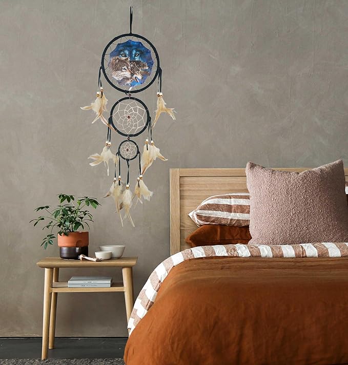 Remorelt Wolf Eagle Bear Dream Catcher Bedroom Wall Decor, Christmas Home Decoration, Room Accessory, White Moon Feather Decoration - Unique Home Craft Wall Pendant (DC08 6Inch Find 12 Wolves)