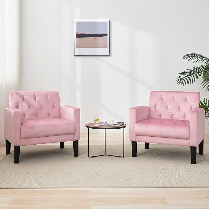 TYBOATLE Accent Chairs Set of 2, Mid Century Modern Upholstered Tufted Living Room Chair for Bedroom, Armchair Single Sofa,Reading Lounging Side Lounge Office Chair (Pink)