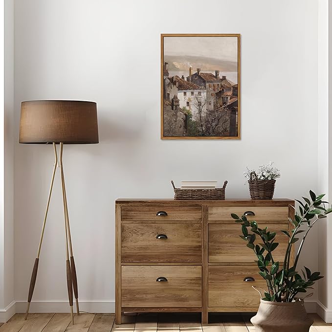 Floating Framed Vintage Canvas Wall Art, European Country Towns Wall Decor Oil Paintings Artwork, Rustic Farmhouse Posters Prints Pictures for Living Room Hallway Bedroom 12x16 inch