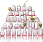Glass Bud Vase Set of 30 - Small Vases for Flowers in Bulk - Assorted Vintage Crystal Vases for Flowers, Table Centerpieces (Pink, 30 Pcs)