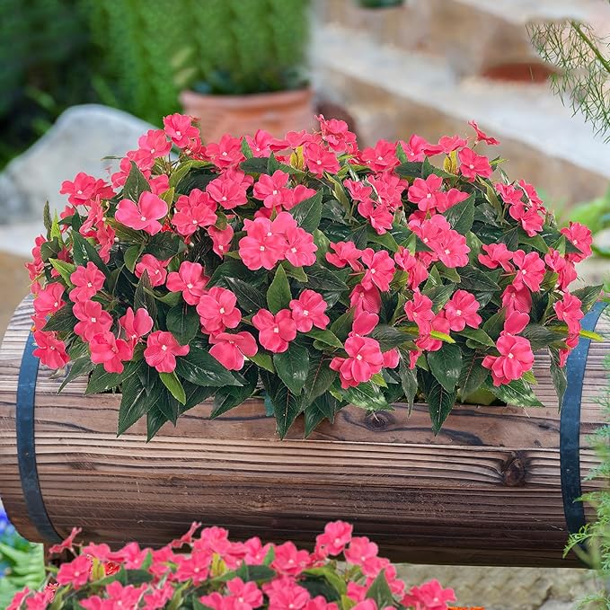 UUqueeten Fall Decorations for Home Fake Fall Flowers Fake Plants Artificial Impatiens Bouquet Flowers for Outdoors Silk Faux Flowers Impatiens Plants Decor Indoor Planters 15.7" (Rose Red) 8PCS