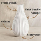 8 Inch White Ceramic Vase for Flowers, Centerpieces and Home Decor - Stylish Ribbed Textured 8 Inch Small White Vase for Pampas Grass - Decorative Vases for Centerpieces - Textured Vases Home Decor