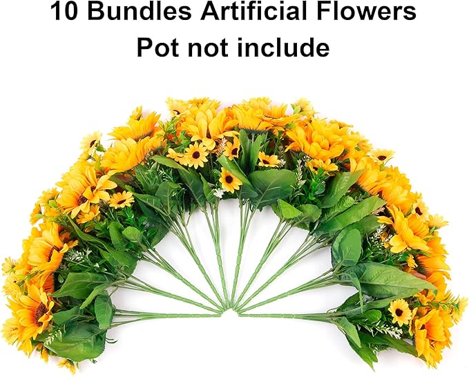 Sunflowers Artificial Flowers, 10 Bunches Fake Sunflower Artificial Flowers for Outdoors Fall Autumn Decoration Look Real UV Resistant Fake Flowers for Home Porch Garden Wedding Party Office Indoor
