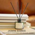 Craft & Kin Bamboo & Jasmine Reed Diffuser | All Natural Essential Oil & Rattan Scent Sticks | Fall Reed Diffusers for Home, Bathroom | Long Lasting Home Fragrance in Green Glass, 3.4oz