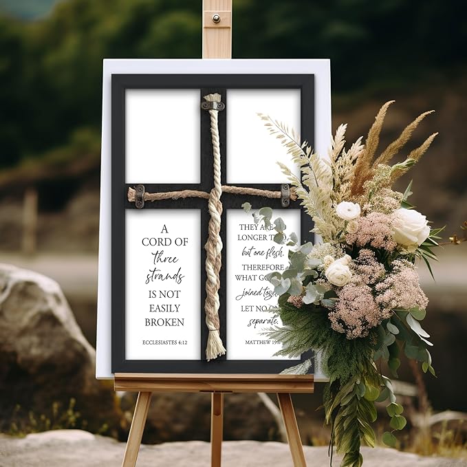flowtorely A Cord of Three Strands Wedding Ceremony Unity Wall Decor 15"X10" Matthew 19 6 Christian Marriage Prayer Cross Sign Framed Wall Hanging Art (Black)