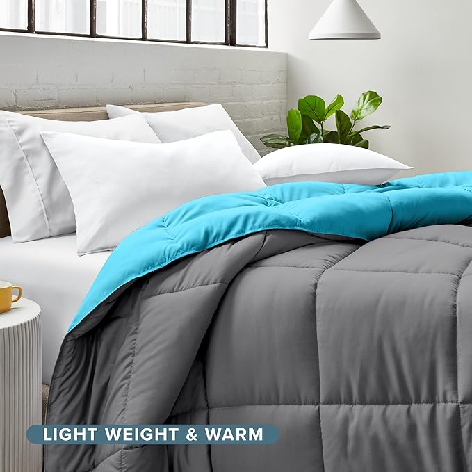 Bare Home Queen Comforter - Reversible Colors - Goose Down Alternative - Ultra-Soft - Premium 1800 Series - All Season Warmth - Bedding Comforter (Queen, Grey/Aqua)